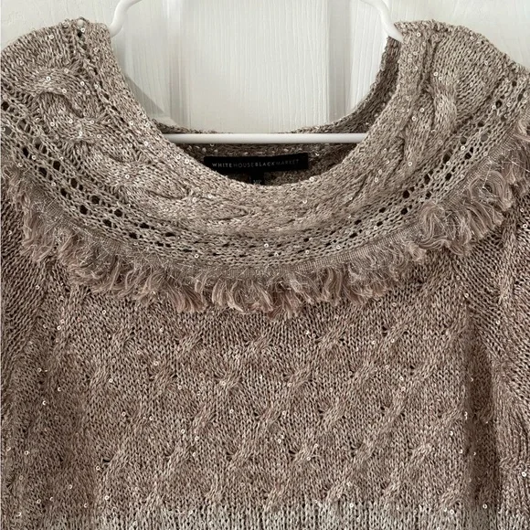 White House Black Market Sequin Knit Cowl Neck Sweater MP Taupe Fringe - Picture 3 of 7
